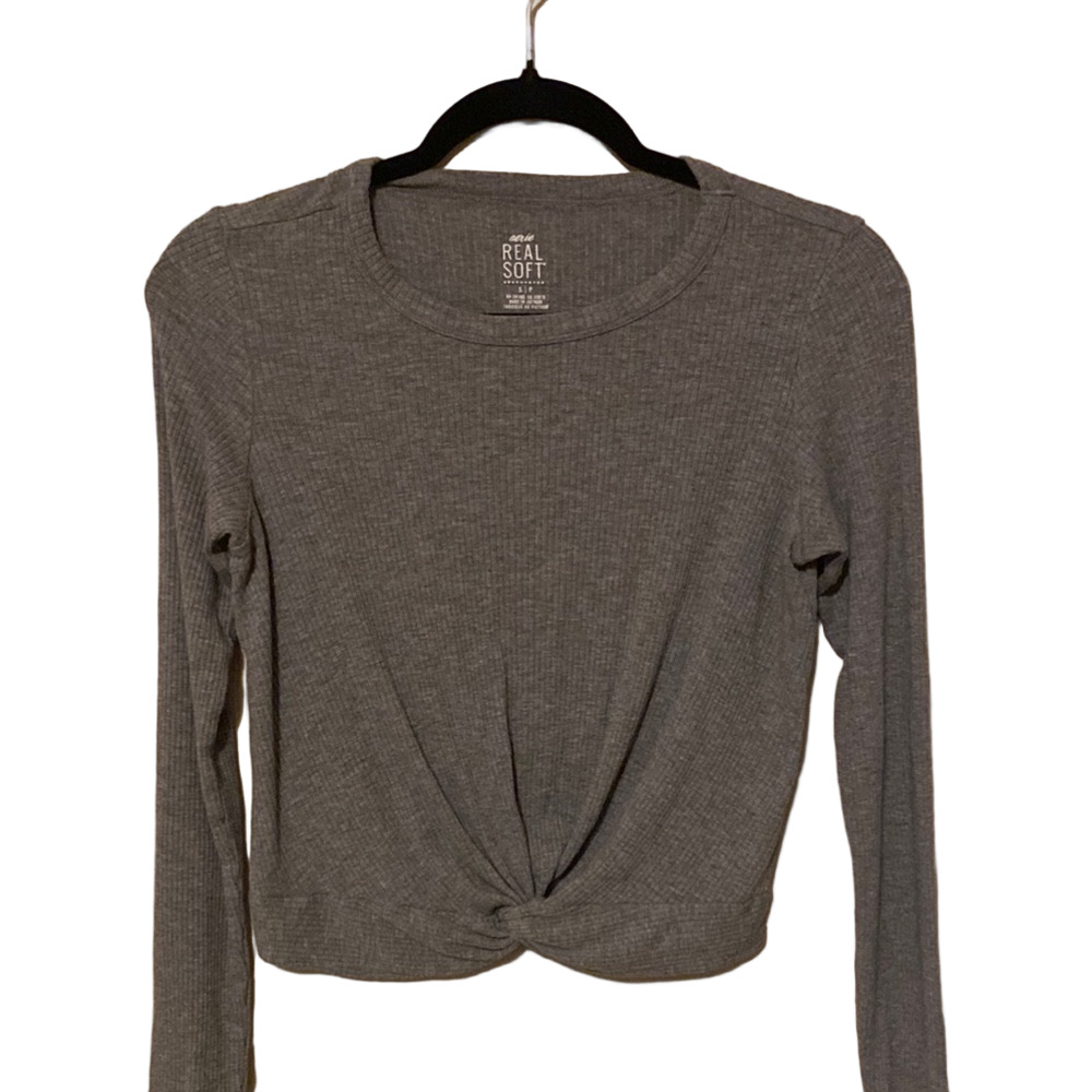 Aerie Gray Tie Front Cropped Long Sleeve Tee